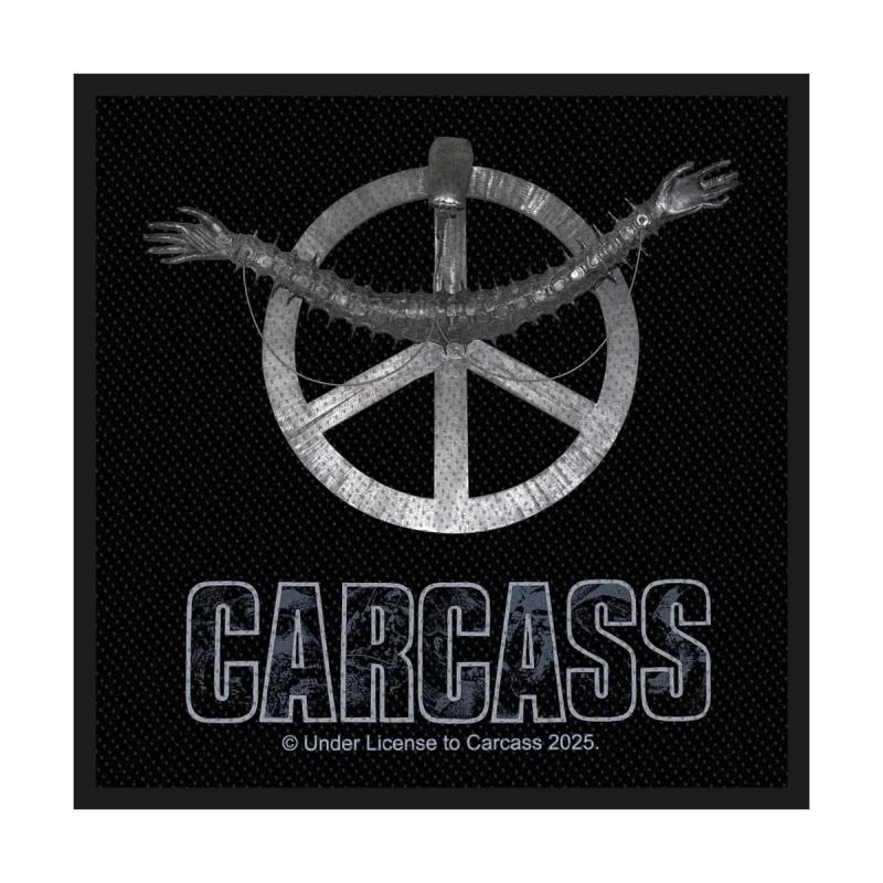 CARCASS Aufnäher – Heartwork – Wirbelsäule und Peace-Zeichen – gewebter Patch – 100 % Polyester – ca. 10 x 9,7 cm