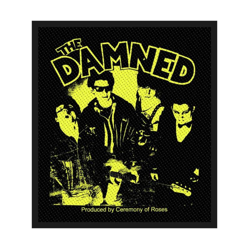 THE DAMNED Patch – Young, Hot, Loud and Stiff – gelb-schwarzer Aufnäher – ca. 8,7 x 9,8 cm – 100 % Polyester – Punkrock