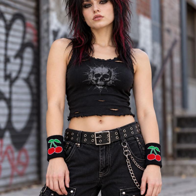 Schwarze Kirschen Schweißbänder am Handgelenk zu einem alternativen Rockabilly-Outfit