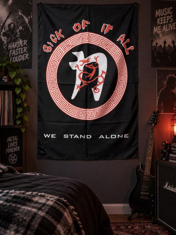 Sick Of It All We Stand Alone poster flag with NYHC band lettering and red white artwork