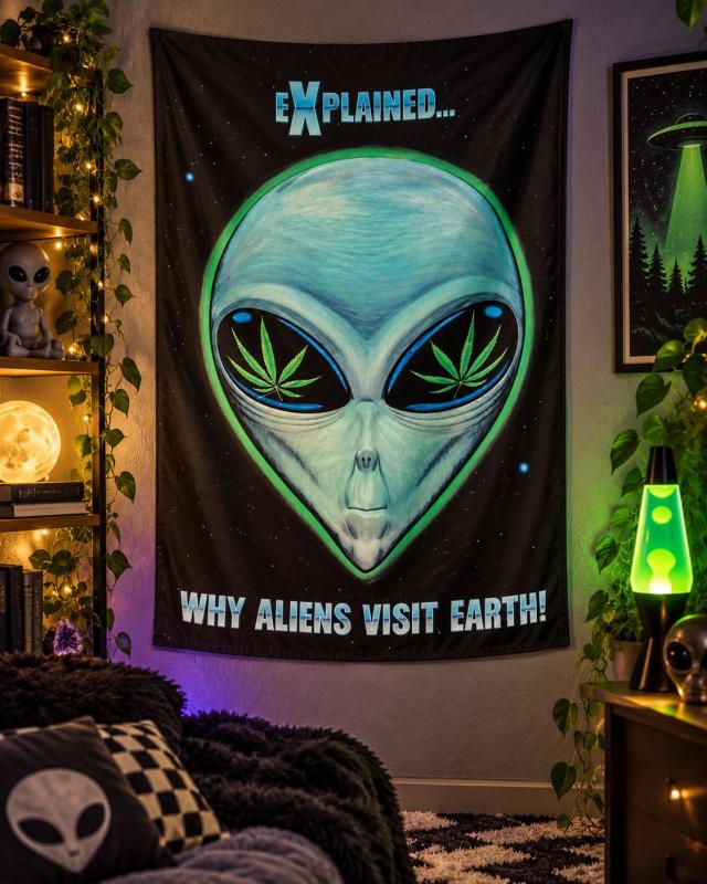 Cannabis Explained Why Aliens Visit Earth Posterfahne mit Grey Alien und Cannabisblättern in den Augen