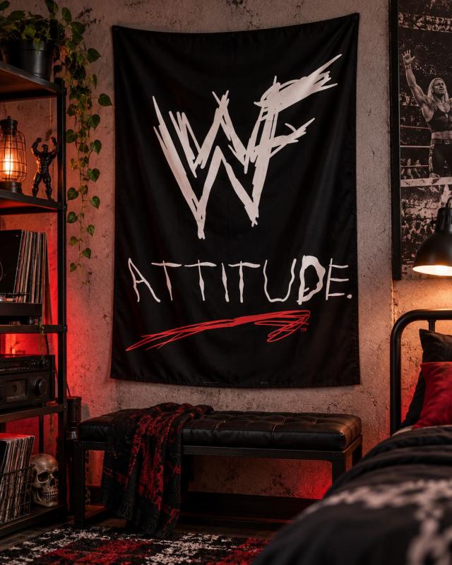 WWF Attitude Era Posterfahne mit ikonischem weißem Scratch Logo und Attitude Schriftzug