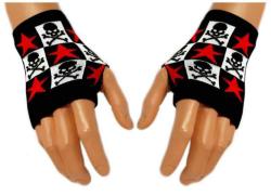 Schwarze Handstulpen Stern & Totenkopf Rot