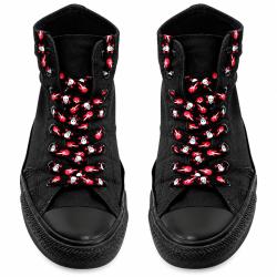 Black rock shoelaces with white skulls and red guitar print
