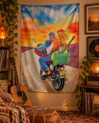 Hippies On Bike Posterfahne mit Hippie-Paar auf einem Motorrad